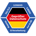 Sechseckiges Siegel mit Deutschlandfahne und der Aufschrift Geprüfter Datenschutz, am Rand die Stichworte DSGVO, BSDG, SSL/TLS, Hosting und Verarbeitung nur in DE