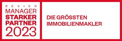 Rot umrandetes Siegel des Revier Managers mit der Aufschrift Starker Partner 2023 und dem Zusatz Die grössten Immobilienmakler