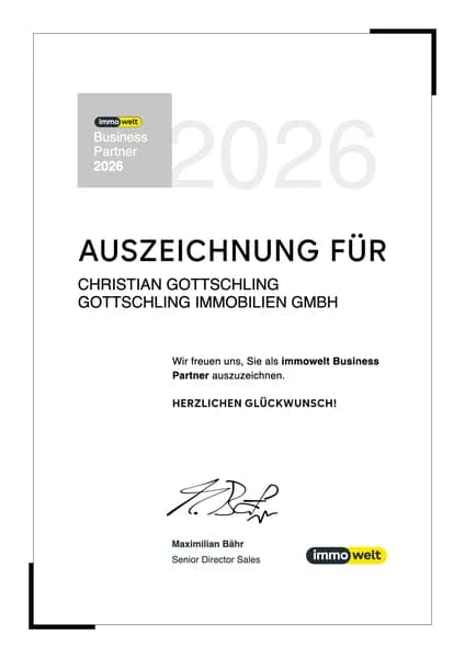 Urkunde von immowelt, die Christian Gottschling und die Gottschling Immobilien GmbH als immowelt Business Partner 2026 auszeichnet