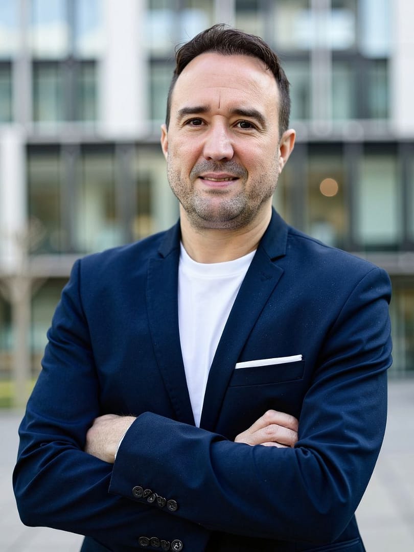 Christian Gottschling steht mit verschränkten Armen im Tageslicht vor der Glasfassade eines Bürogebäudes