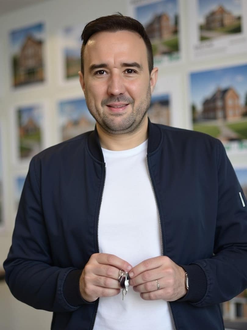 Christian Gottschling hält einen Wohnungsschlüssel in der Hand, dahinter eine Wand mit Objektunterlagen