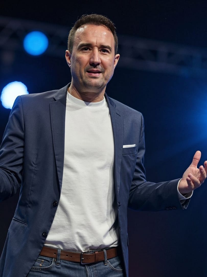 Christian Gottschling erklärt mit beiden Händen gestikulierend etwas auf einer Bühne im blauen Licht